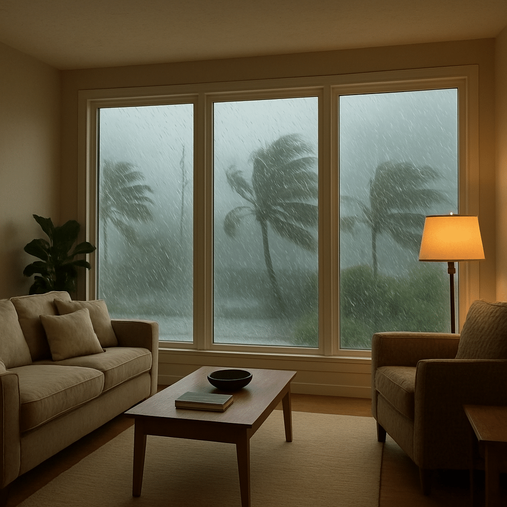 A bright living room looking out through impact windows during a stormy day
