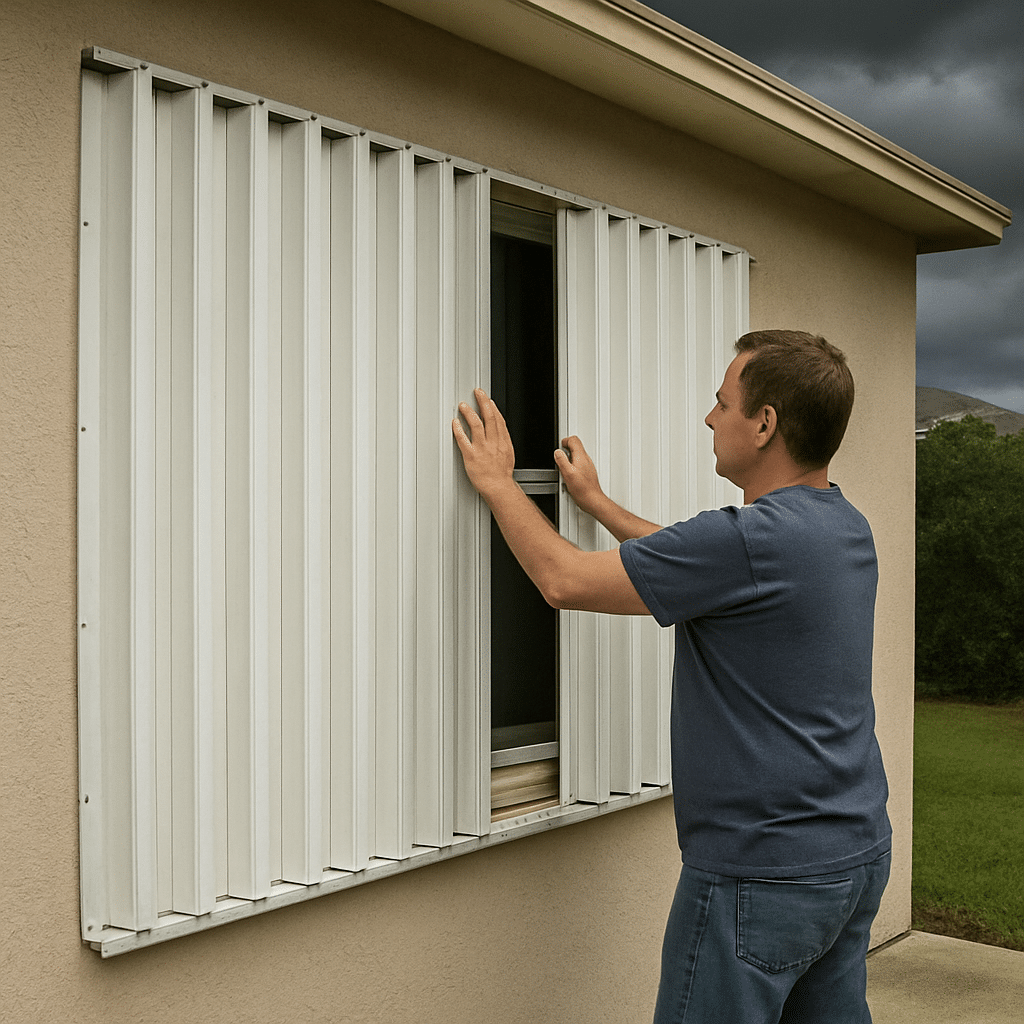 Homeowner easily closing manual accordion hurricane shutters before a major storm
