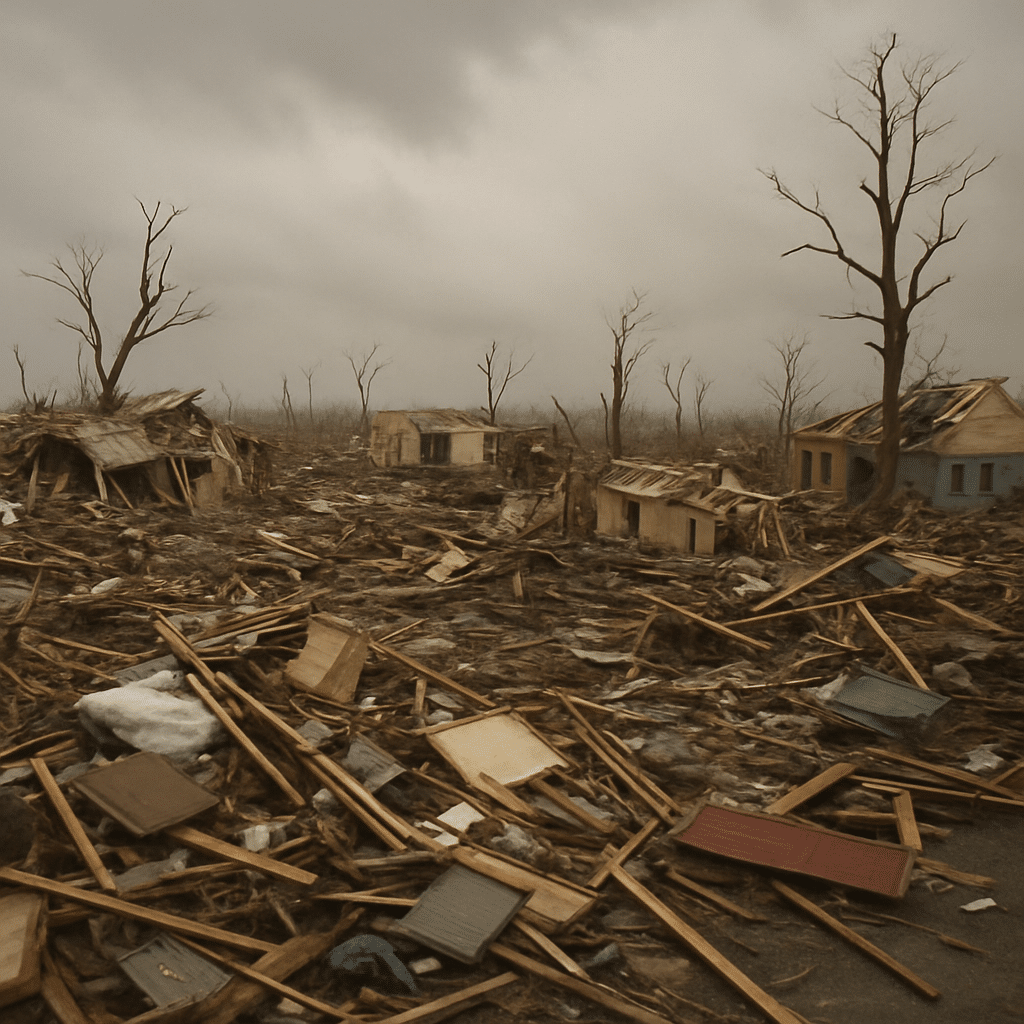 Aftermath of a Category 5 hurricane showing completely destroyed homes and stripped trees