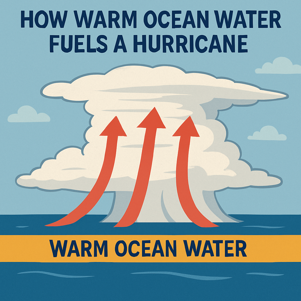 Diagram showing how warm ocean water fuels a hurricane's updrafts