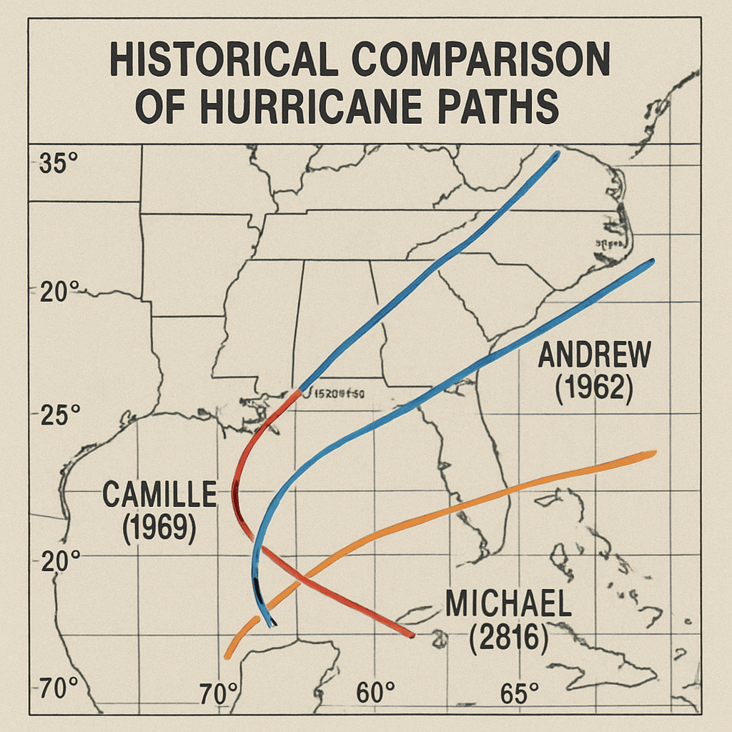 Historical comparison chart of Hurricane Camille, Andrew, and Michael paths