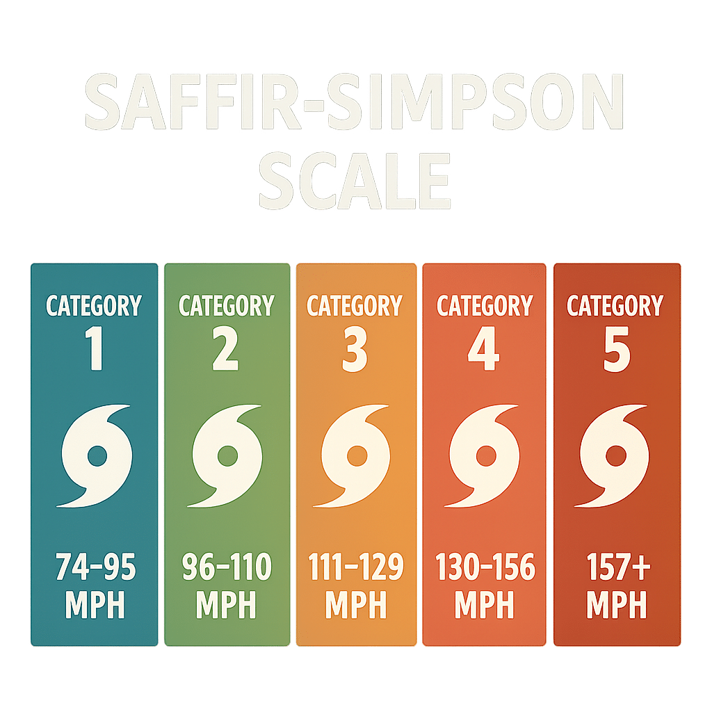 Infographic showing the 5 categories of the Saffir-Simpson scale with wind speeds